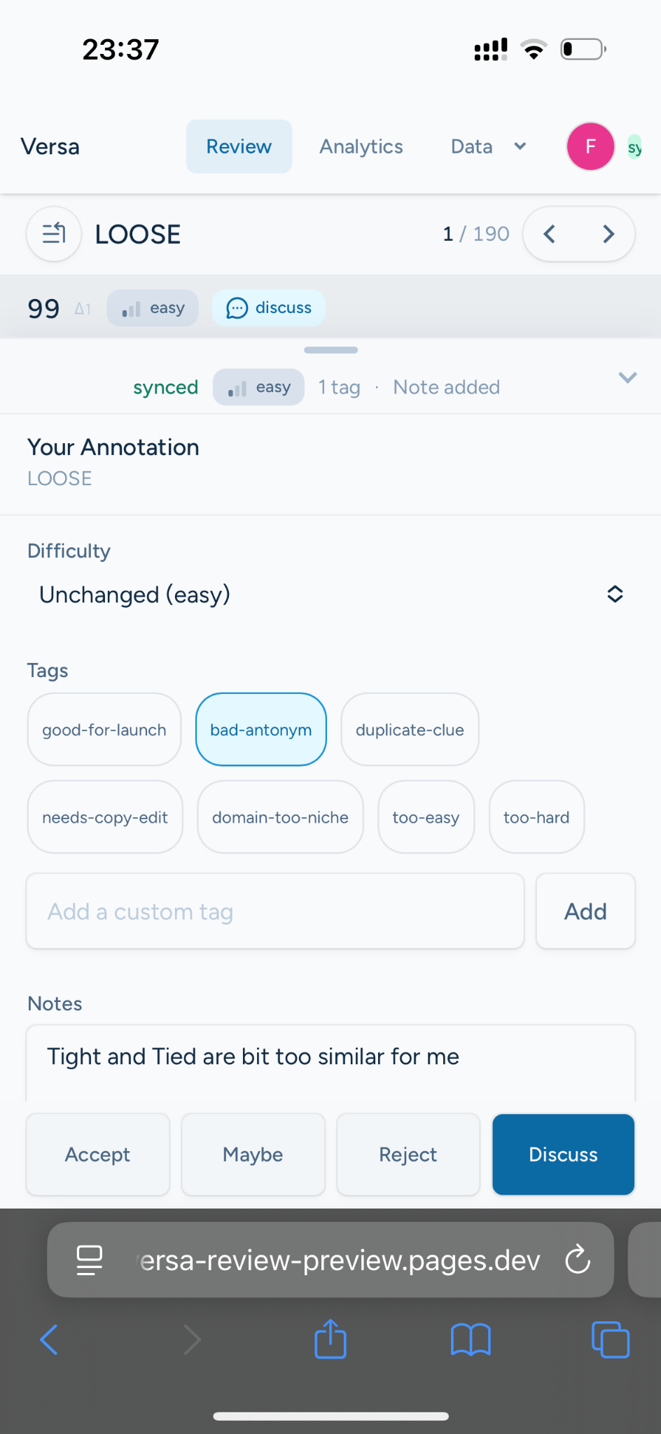 Versa Review phone interface focused on the reviewer annotation workflow.